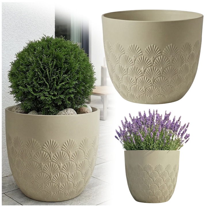 Ghiveci de gradina mare, e-floor, Melody, Ø40.6 x 35.6 cm, Bej, Material reciclat, sistem de irigare cu rezervor, rezistent la inghet si raze UV, model evantai, interior si exterior, terasa, balcon, certificat REACH, decorativ, elegant si durabil