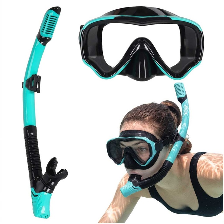 Set de snorkeling, KIK, masca panoramica cu sistem de tub uscat, albastru-negru, dimensiuni 16,8x8,5cm