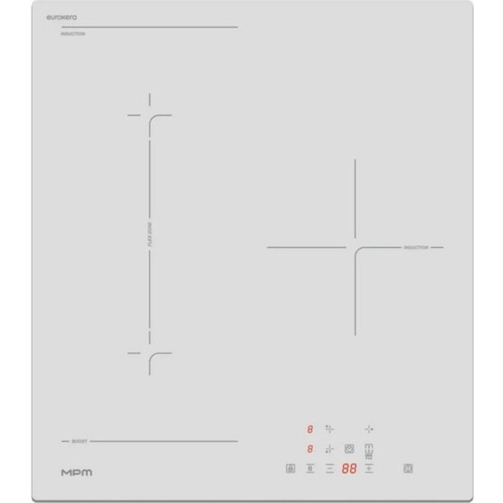 Plita cu Inductie MPM, 45 cm, 3 zone, Touch, sticla ceramica, Alb