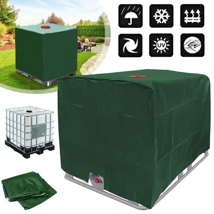 Husa De Protectie Pentru Rezervor IBC 1000L Verde, Prelata 210D Cu Strat Argintiu, Prelata Impermeabila 120 x 100 x 116 cm, Anti-Praf, Anti-UV, Husa Container Pentru Rezervor De Apa De Ploaie IBC