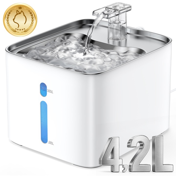 4.2L BALITTA® Macska és Kutya Ivókút, Fehér Automata Macska és Kutya Ivókút, Ultra-csendes működés, Rozsdamentes acél 304+PC, Ötlépcsős szűrés, Több háziállat számára