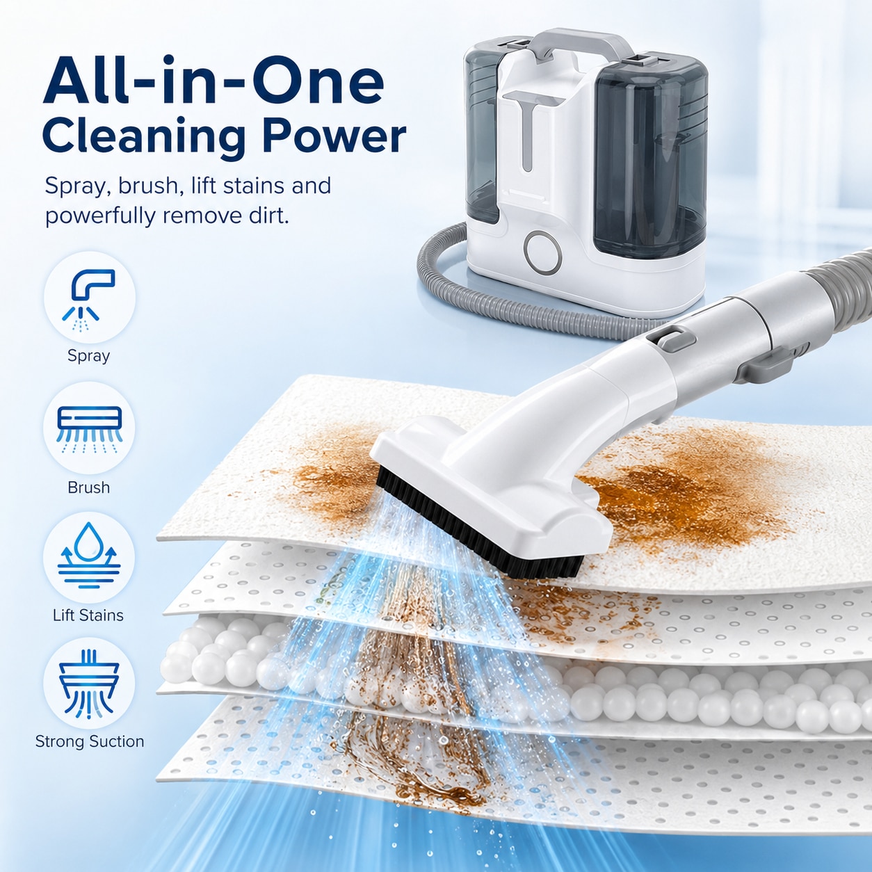 Sharpdo® Aspirator Cu Spalare, Aspirator Spalare Cu Extractie, Rezervor Dublu 1.8L + 0.6L, Aspirator Cu Motor 450W, Perie Sub Presiune, Furtun Auto-Curatare, Compact, Portabil, Ideal Auto, Canapea, Mocheta, alb