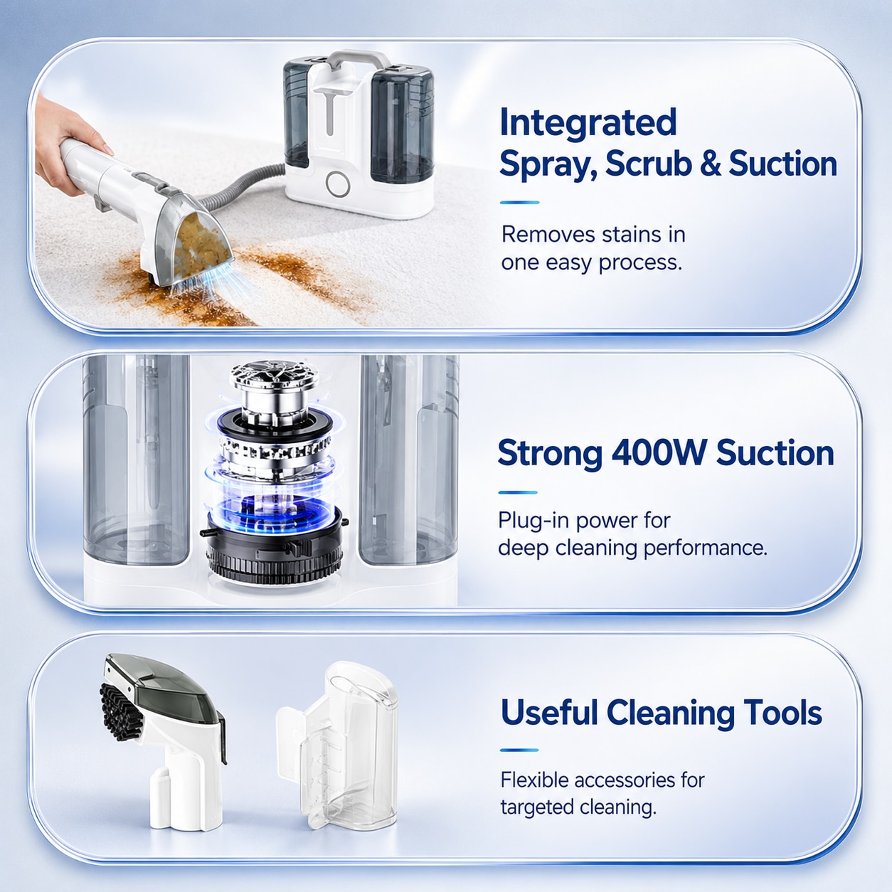 Sharpdo® Aspirator Cu Spalare, Aspirator Spalare Cu Extractie, Rezervor Dublu 1.8L + 0.6L, Aspirator Cu Motor 450W, Perie Sub Presiune, Furtun Auto-Curatare, Compact, Portabil, Ideal Auto, Canapea, Mocheta, alb