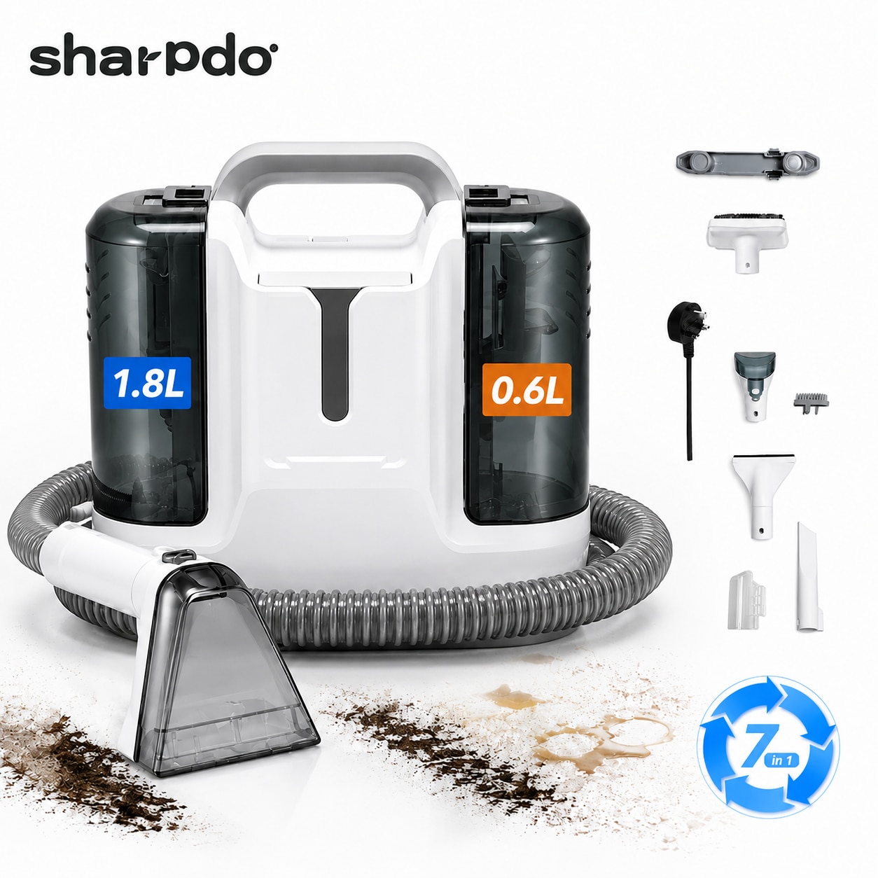 Sharpdo® Aspirator Cu Spalare, Aspirator Spalare Cu Extractie, Rezervor Dublu 1.8L + 0.6L, Aspirator Cu Motor 450W, Perie Sub Presiune, Furtun Auto-Curatare, Compact, Portabil, Ideal Auto, Canapea, Mocheta, alb