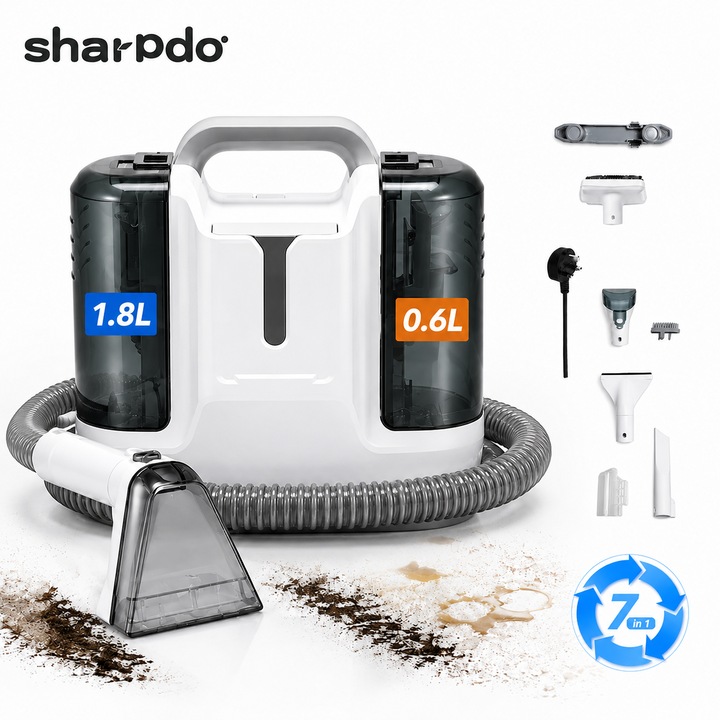 Sharpdo® Aspirator Cu Spalare, Aspirator Spalare Cu Extractie, Rezervor Dublu 1.8L + 0.6L, Aspirator Cu Motor 450W, Perie Sub Presiune, Furtun Auto-Curatare, Compact, Portabil, Ideal Auto, Canapea, Mocheta, alb