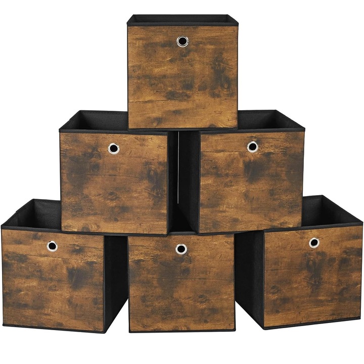 Set 6 cutii depozitare pliabile cu maner, textil oxford, compatibile raft cubic 30 cm, 30x30x30 cm, maro rustic