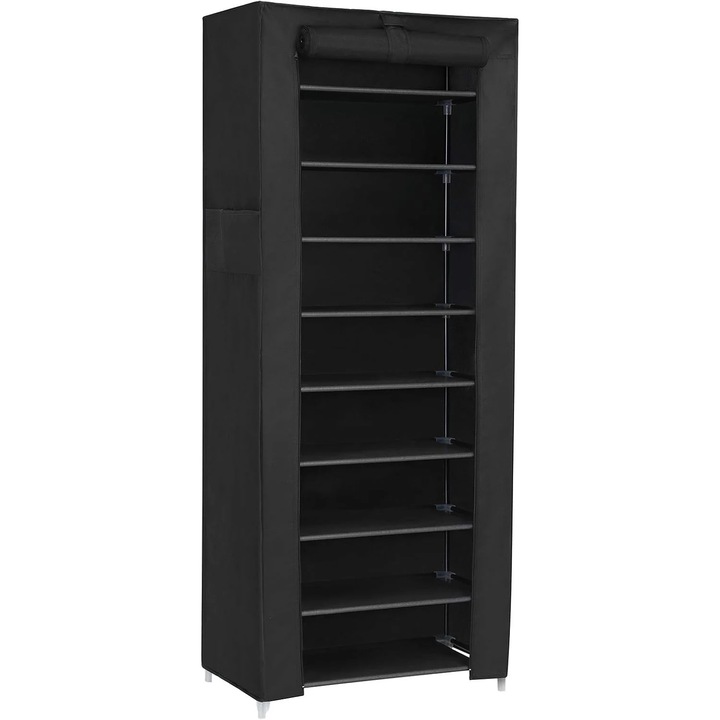 Dulap pentru pantofi din material textil, structura metalica, 10 niveluri, capacitate 27-35 perechi, 58x28x160 cm, negru