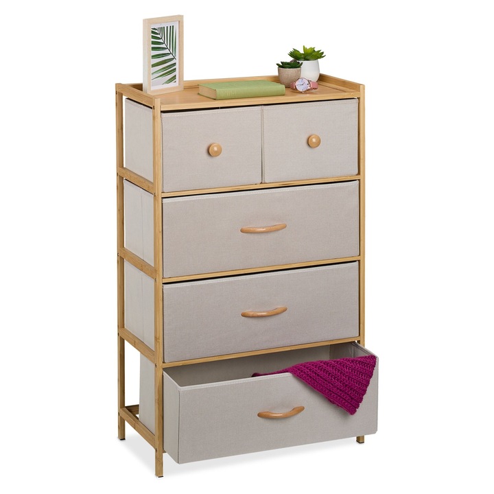 Comoda din bambus, Relaxdays, 5 sertare, bej/maro deschis, 94x32.5x58 cm