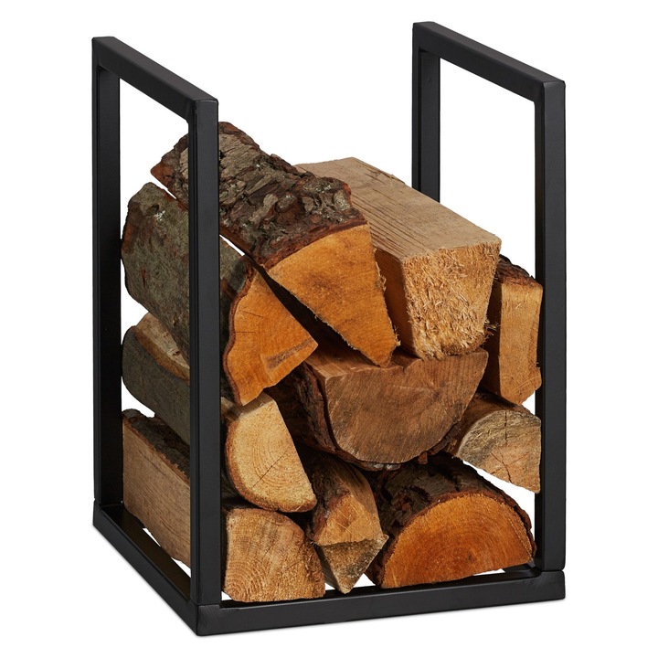 Suport lemne pentru semineu Relaxdays, metal negru, 40x30x30 cm, capacitate 12 kg