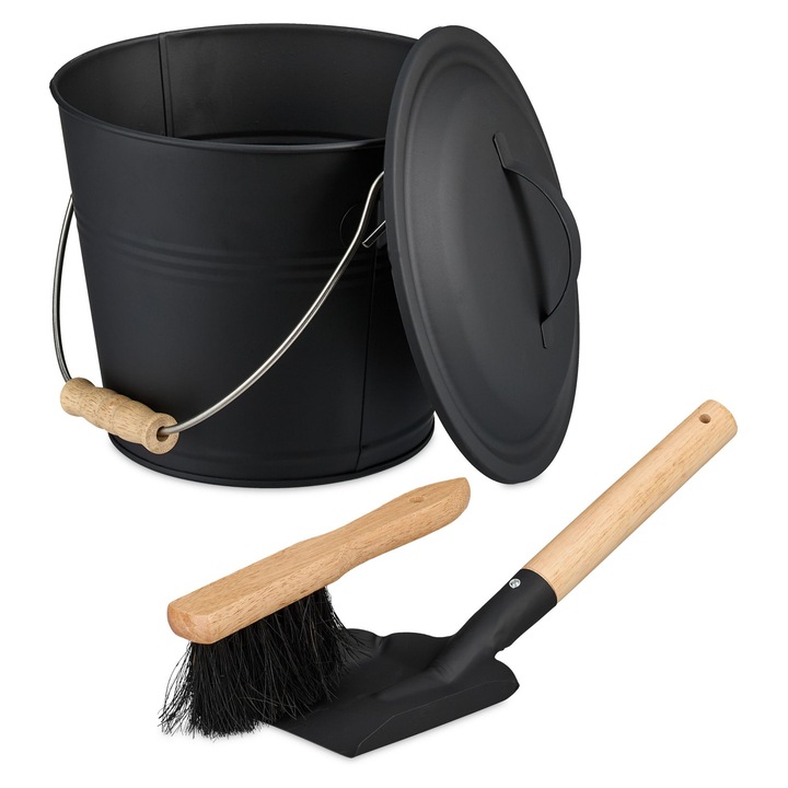 Galeata de cenusa cu capac si set de matura, Relaxdays, 4.5L, negru, 21.5x26x22cm