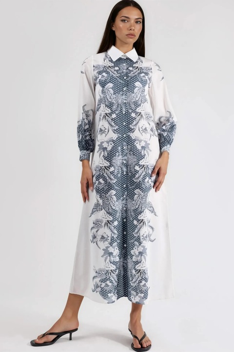 Rochie midi, MSN Collection, imprimeu floral, maneca lunga, poliester/lycra, alb/gri
