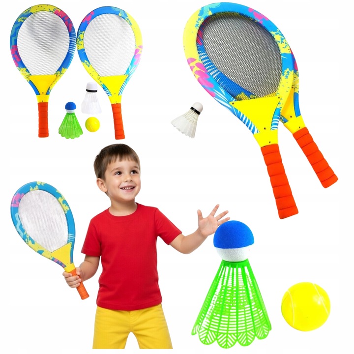 Set de joc badminton si tenis de plaja, 2 rachete, 2 lotki, 1 minge, multicolor, 54x28cm