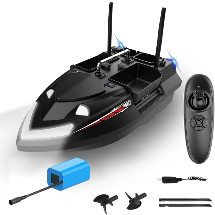 Barca Plantat, Nadit si Momit, 4 Cuve, 2 Antene, Capacitate 3kg, Raza de Actiune 500m, Sistem Giroscop, Cruise Control, Iluminare LED, Control Telecomanda, 12000mAh, Negru
