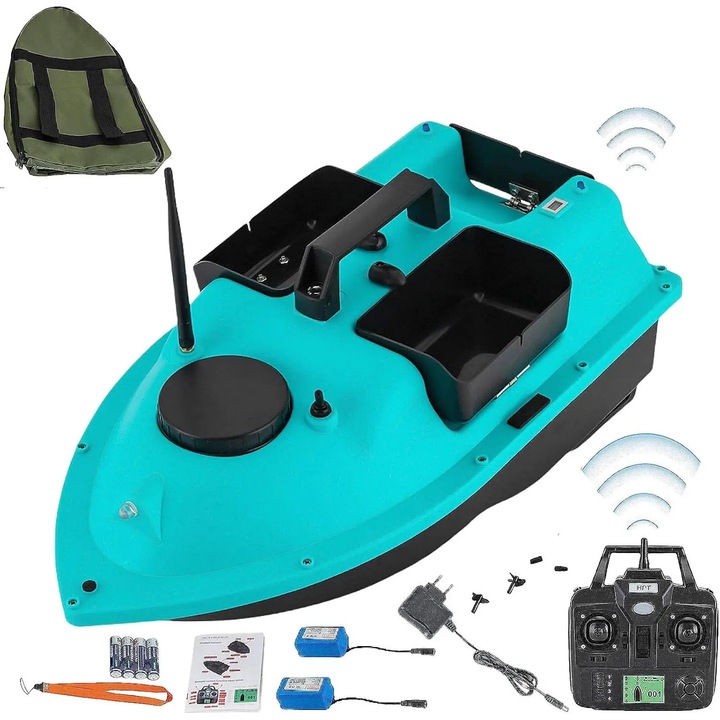 Лодка за захранване / Bait Boat, Хвърлячка за стръв, Обхват 600 м, GPS, 3 отделения за стръв, LED, 2×5200 mAh батерии, ABS корпус, Синя