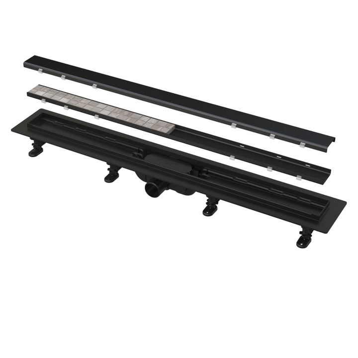 Sistem de scurgere Alcadrain, odapluv podlogowy cu obramowaniem, combinat, negru-mat, dimensiuni 965x80x145 mm, set montaj inclus