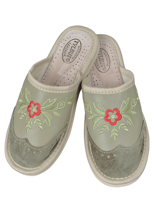 Papuci de casa dama, Summer London Brogue, Piele Naturala, Broderie Florala, Verde Kaki, Marimea 38 EU