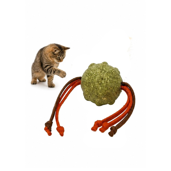 Jucarie pentru pisici CatNip TugSphere Doty®, bila cu iarba matei si sfoara, design inteligent, mentin interesul activ pentru perioade lungi, reduce stresul si anxietatea, verde, 20x4.5cm