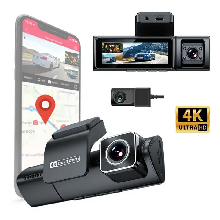 Camera Auto TRIPLA 4K UHD, Inclus Card 64GB + Kit 24 ore, Camera spate + interior 1080P Full HD, Incorporat Wi-Fi & GPS, WDR, Vedere nocturna, Inregistrare in bucla, Detectare Miscare, G-Sensor, Display 3.2 inch, 3 lentile, Negru