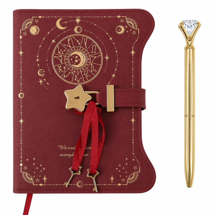 Jurnal cu lacat B6, AFKSMILE, Agenda retro, Vine cu un stilou, Cu incuietoare cu combinatie, 360 de pagini, Scriere lina, Hartie premium, Impermeabil, Pentru jurnal personal, scoala si birou galben vibrant, PU, 22*15cm, Rosu