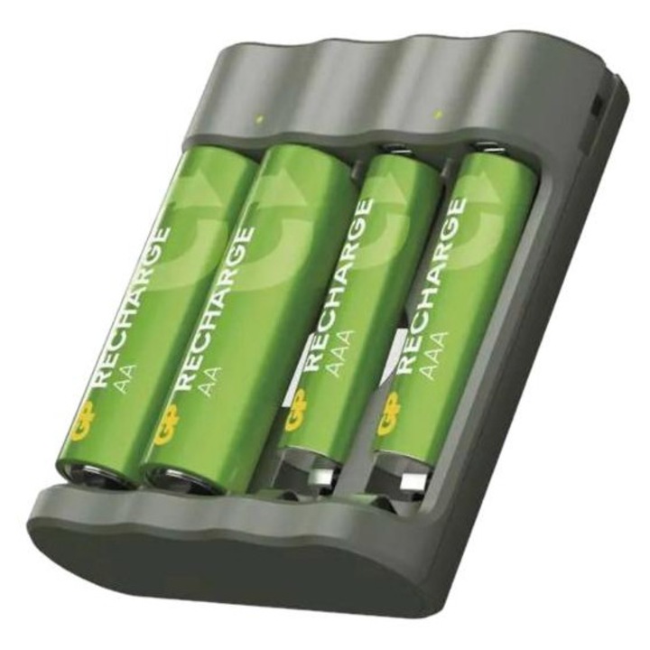 Incarcator baterii NiMH GP B441 + set 2 acumulatori AA 1300 mAh si 2 acumulatori AAA 650 mAh, gri
