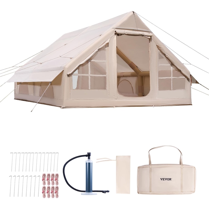 Cort gonflabil pentru camping VEVOR 4x3x2m, capacitate 5-8 persoane, material Oxford 300D impermeabil PU3000, montaj rapid cu pompa inclusa, 2 usi si 4 ferestre cu plasa, cu geanta transport