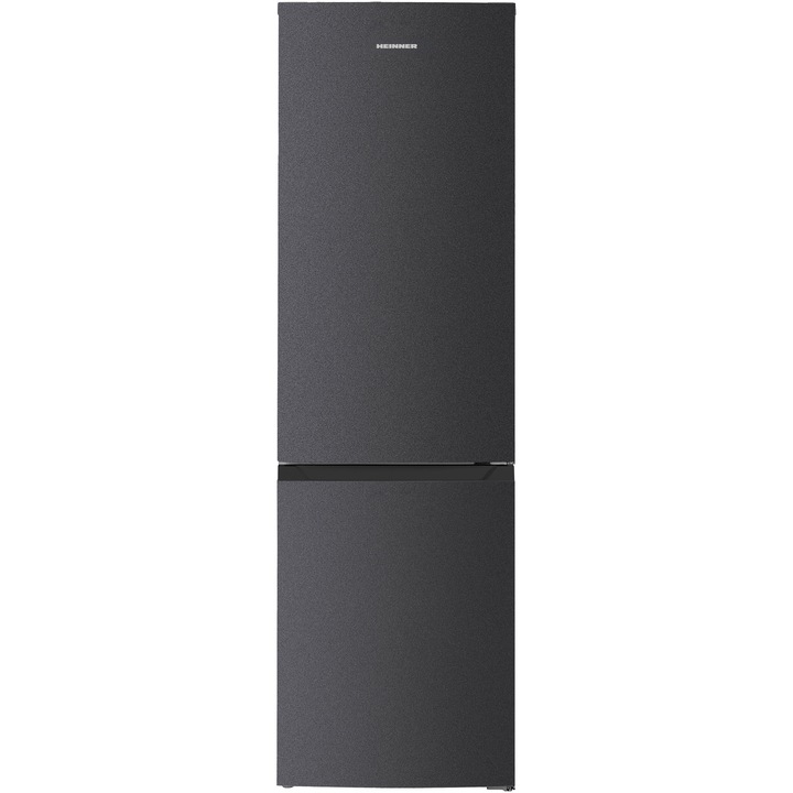 Combina frigorifica Heinner HCNF-HM253INVDGE++, 253 l, Clasa E, No frost, Compresor inverter, Control electronic cu termostat ajustabil, Lumina LED, 3 rafturi din sticla frigider, 3 sertare congelator, H 181 cm, Gri antracit texturat