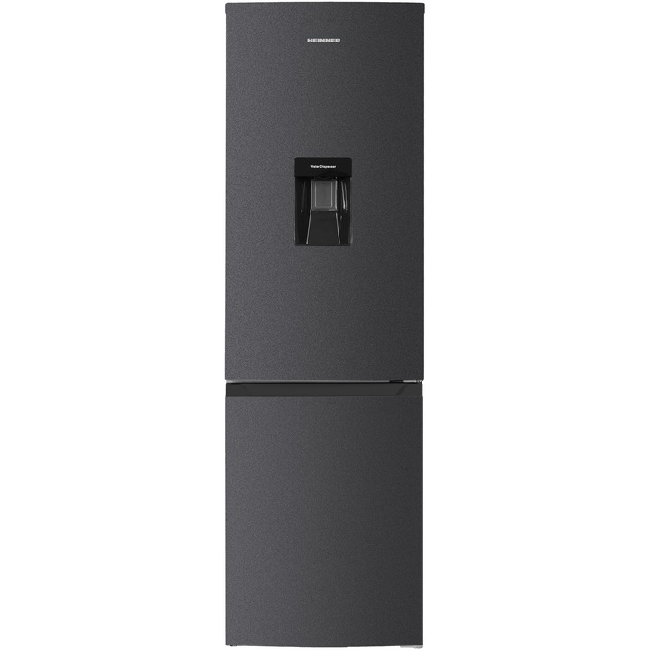 Combina frigorifica Heinner HCNF-HM291INVDGWDE++, 291 l , Clasa E, No frost, Compresor inverter, Dozator de apa, Control electronic cu termostat ajustabil, Lumina LED, 3 rafturi din sticla frigider, H 185 cm, Gri antracit texturat