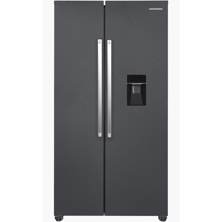 Combina side by side Heinner HSBS-HM529NFINVDGWDE++, 529 l, Clasa E, No frost, Compresor inverter, Dozator de apa, Display pe usa, Functii: eco, vacanta, congelare rapida, blocare acces copii, alarma usa deschisa, H 177 cm, Gri antracit texturat
