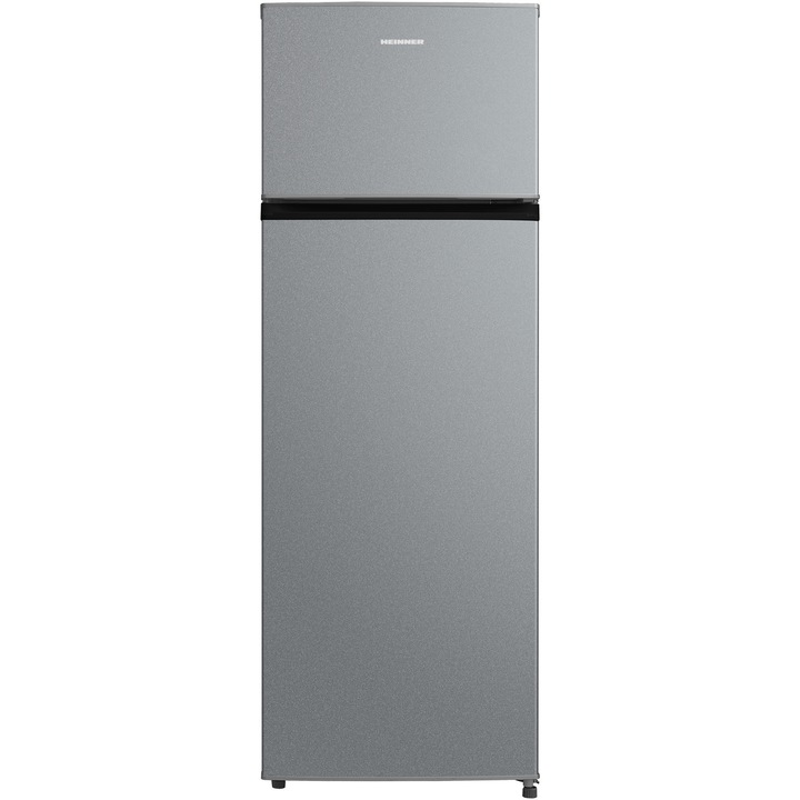Frigider cu doua usi Heinner HF-M235ESE++, 235 l, Clasa E, Control electronic, Lumina LED, Trei rafturi din sticla, Compartiment fructe si legume, H 159 cm, Argintiu