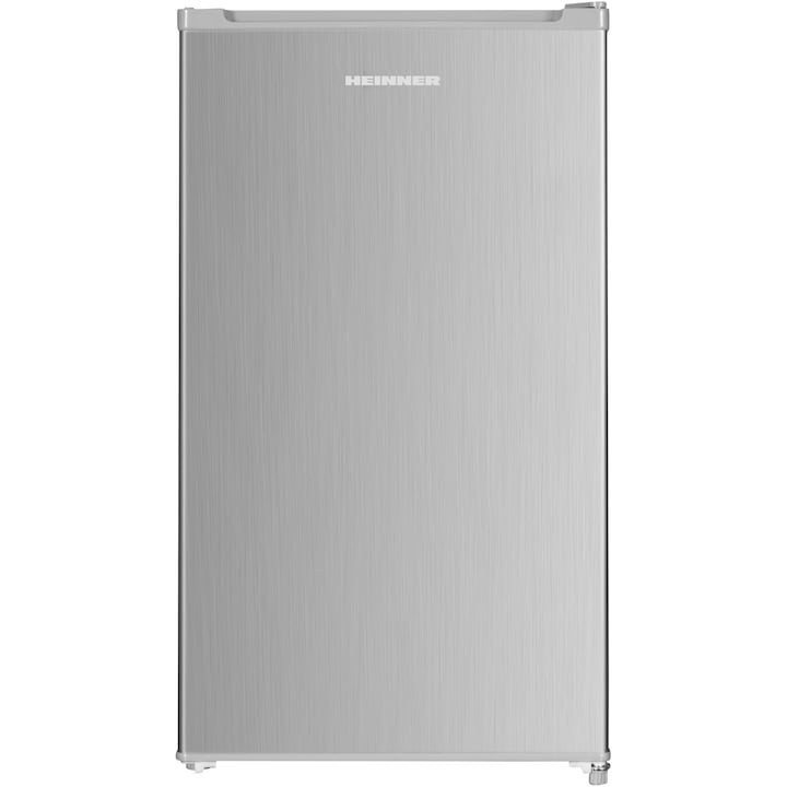 Heinner HF-HM90INVSE++ egyajtós hűtőszekrény, 90 l, E energiaosztály, Inverter kompresszor, Mechanikus vezérlés állítható termosztáttal, LED világítás, Üvegpolc, Gyümölcs- és zöldségtartó rekesz, H 85 cm, Ezüst
