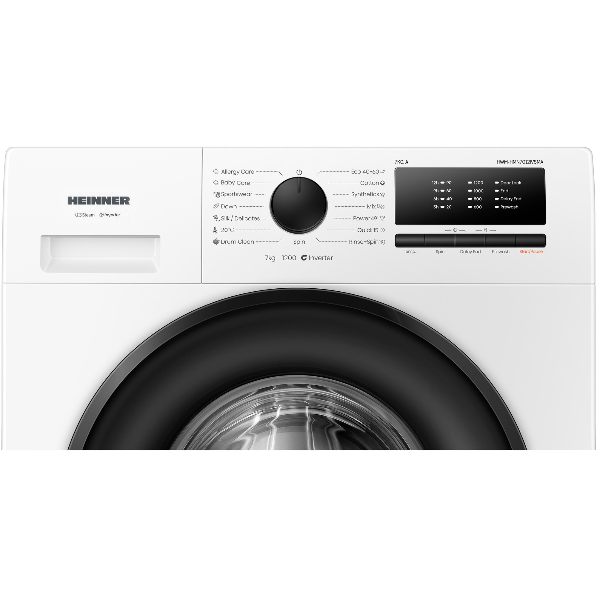 Masina de spalat rufe slim HEINNER HWM-HMN7012IVSMA, 7 kg, 1200 rpm, Clasa A, Motor Inverter, 15 programe, Prespalare, Blocare acces copii Alb