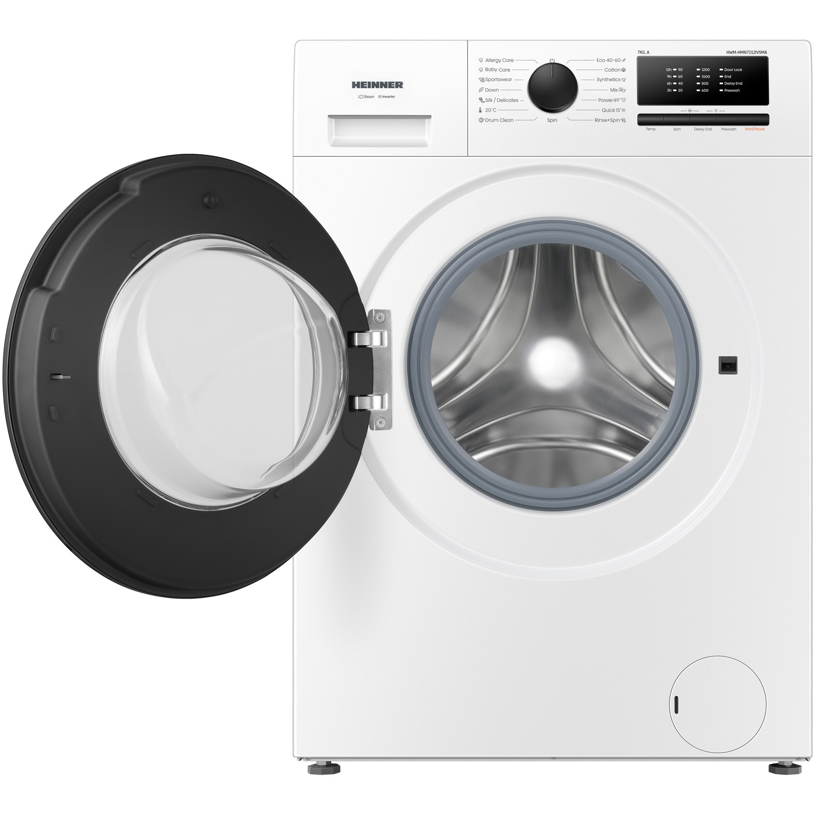 Masina de spalat rufe slim HEINNER HWM-HMN7012IVSMA, 7 kg, 1200 rpm, Clasa A, Motor Inverter, 15 programe, Prespalare, Blocare acces copii Alb