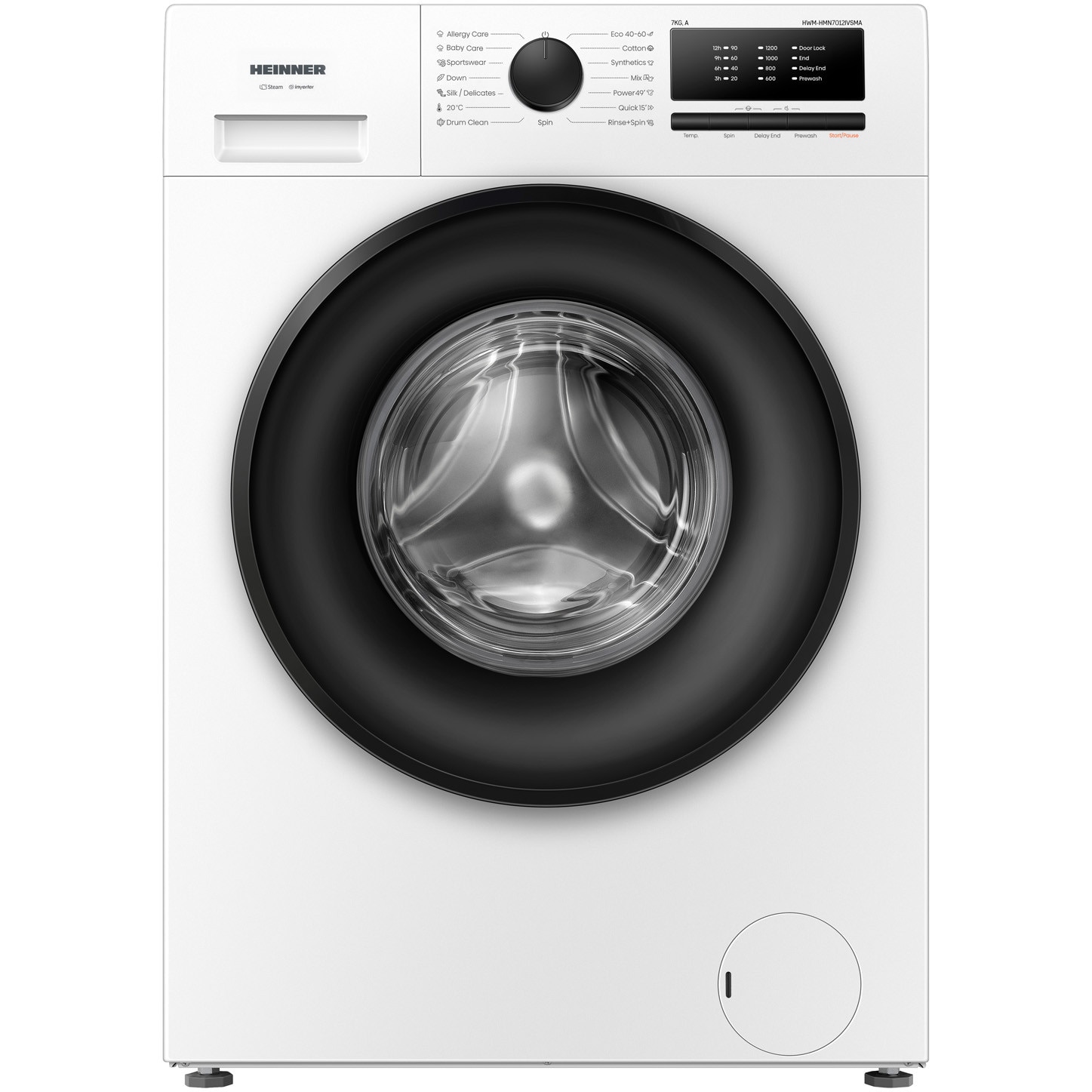 Masina de spalat rufe slim HEINNER HWM-HMN7012IVSMA, 7 kg, 1200 rpm, Clasa A, Motor Inverter, 15 programe, Prespalare, Blocare acces copii Alb