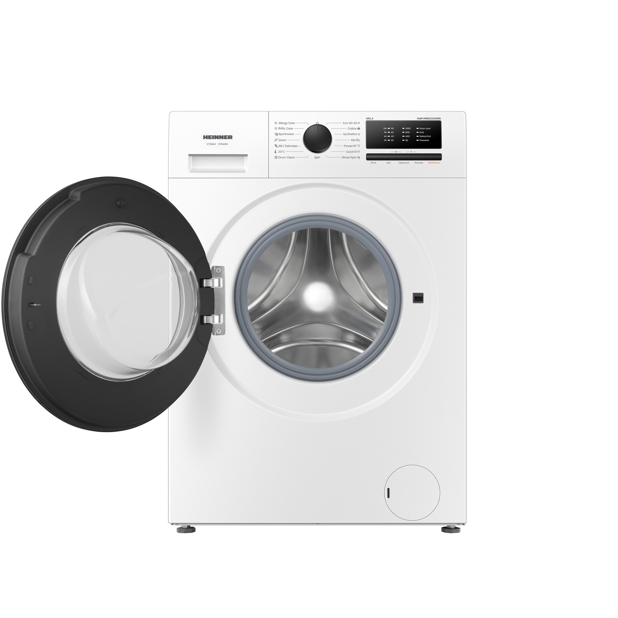 Masina de spalat rufe slim Heinner HWM-HMN6010IVSMA, 6 kg, 1000 RPM, Clasa A, Motor inverter, 15 programe, Program rapid 15 min, Program allergy steam, Program baby steam care, Functie adaugare rufe, Blocare acces copii, Alb