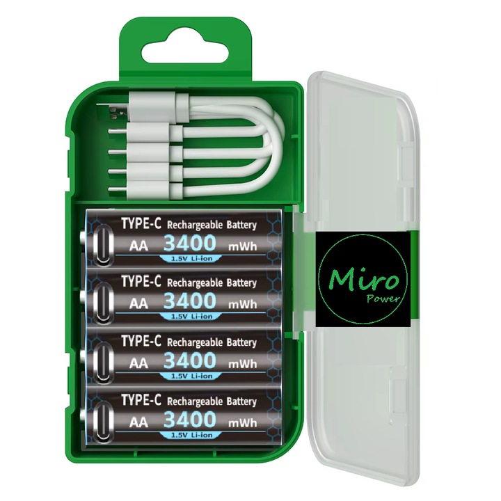 Set 4 baterii Li-ion AA 1.5v 3400mWh Miro Power cu incarcare USB, cablu USB inclus