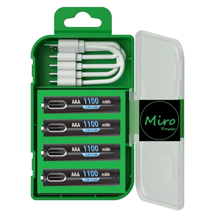 Set 4 baterii Li-ion AAA 1.5v 1100mWh Miro Power cu incarcare USB, cablu USB inclus