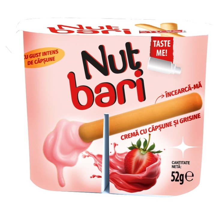 Grisine cu cremă de căpșuni Nut Bari, set 52g, crocante și fine, gust dulce, ambalaj practic