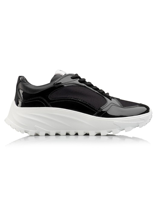 Sneakersi dama, Musette, ANISS A167, Textil/Piele lacuita, Negru/Alb