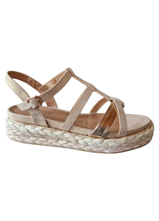 Sandale dama, moderne, Sprox, cu talpa tip wedge, impletita, cu barete, pentru sezonul estival, Rose, Auriu rose