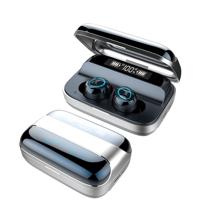 Vezeték nélküli fülhallgató, Rqiurpn, In-ear Bluetooth, Zajszűrés, Digitális kijelző, 120 óra üzemidő, Sztereó hangzás, IPX7 vízálló, USB C töltés, Univerzális, Fekete