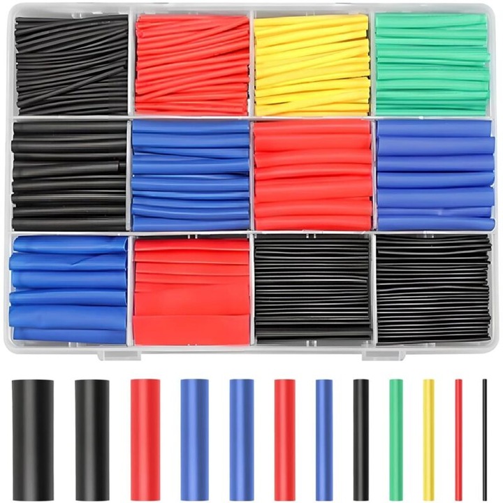 Set de tuburi termocontractabile, 750 piese, 5 culori, 12 dimensiuni