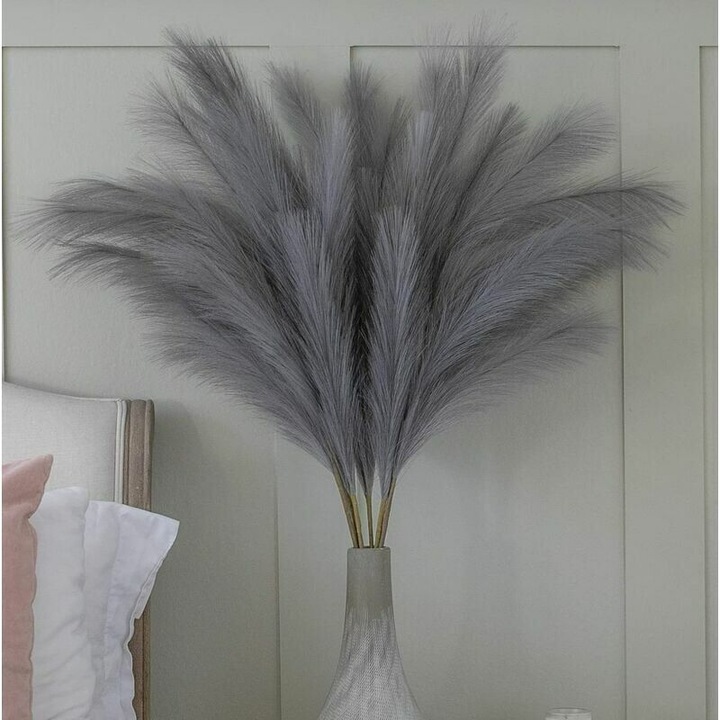 Buchet de iarba pampas artificiala gri, 70cm, 5 tulpini pufoase, decor boho pentru interior
