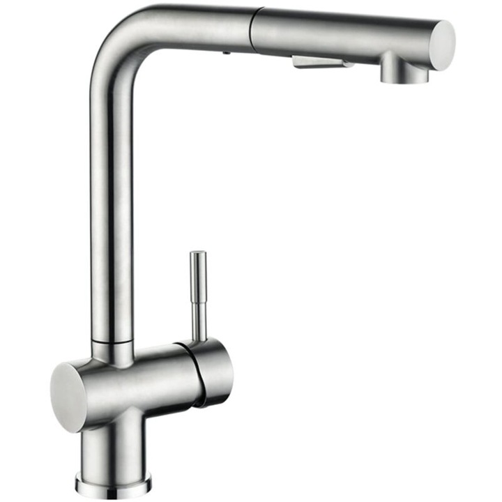 Baterie bucatarie inox 304, cap retractabil, 2 jeturi, negru mat, 360 rotire