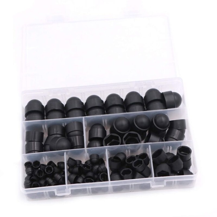 Set 145 capace protectoare pentru suruburi si piulite, 6 dimensiuni M4-M12, plastic si cauciuc, negru, 19.5x14x3.6cm