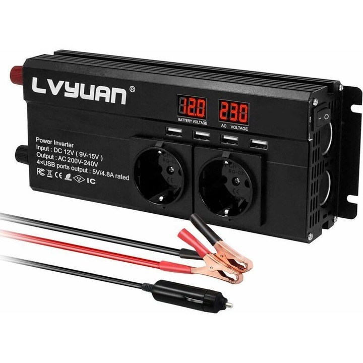 Инвертор 12V към 220V 1500W, 2 AC контакта, 4 USB порта, LED дисплей, 210x100x60mm