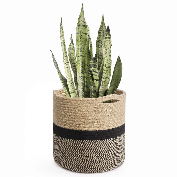 Ghiveci de flori de 30 cm pentru plante de interior cu captuseala, cos de depozitare din bumbac tesut, ghivece mari pentru plante de interior si decoratiuni interioare (negru-maro)