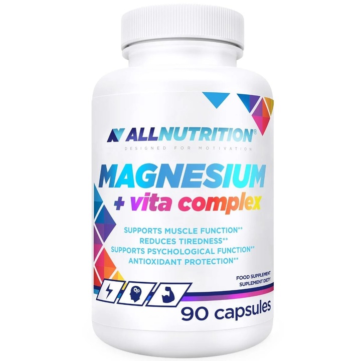 Supliment alimentar, ALLNUTRITION Magnesium + Vita Complex, 90 capsule, complex de magneziu cu 11 vitamine si minerale, fara zahar, sustinere pentru reducerea oboselii, sistem nervos si imunitate