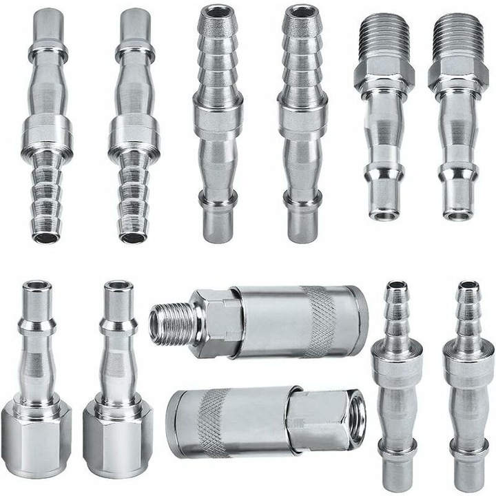 Set 12 conectori aer 6,35 mm BSP pentru furtunuri 6, 8 si 10 mm, otel tratat termic, supapa anti-scurgere