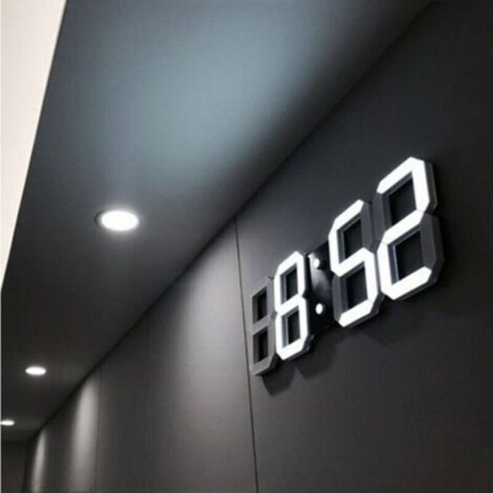 Ceas digital de perete LED 23x9cm, alarma cu functie snooze, afisaj data si temperatura, luminozitate ajustabila
