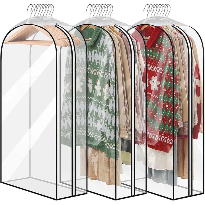 Saci de haine transparenti 60 x 102 cm, impermeabili, anti-molii, cu clinuri de 10 inch, pentru haine, costume, rochii, paltoane, jachete, articole de voiaj pentru femei si barbati